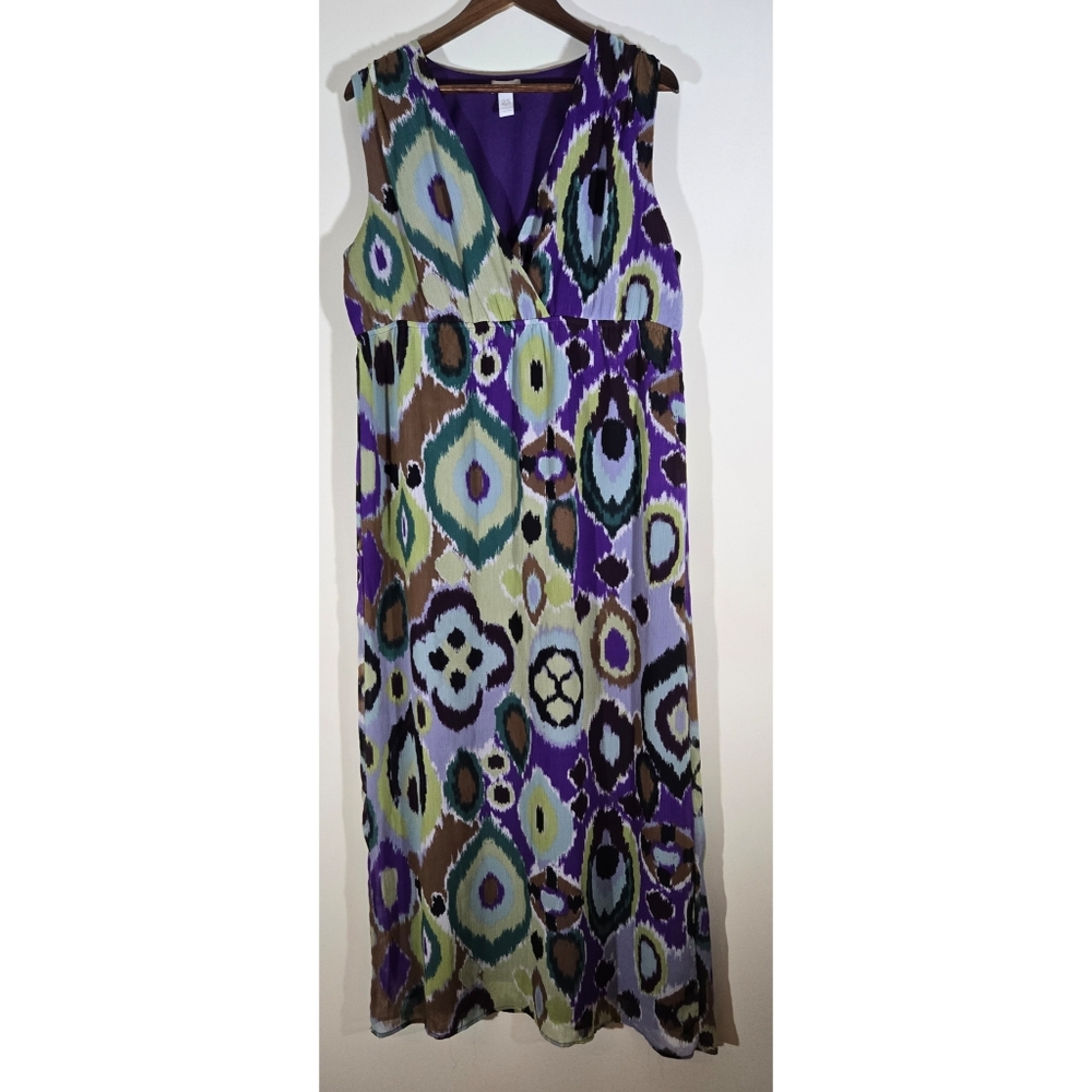 Chicos Purple Print Maxi Dress Sz. 2.5 US L 14 Geometric Lined Casual Summer